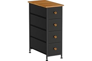 YILQQPER Narrow Dresser Storage Tower with 4 Drawers, Slim Dresser Chest of Drawers with Steel Frame, Wood Top, Golden Knobs, Black Dresser for Bedroom, Bathroom, Small Spaces, Laundry, Closet, Black