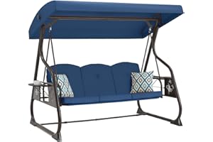 ZZW 3-Seat Patio Porch Swing 800LBS Outdoor Swing with Stand w/Canopy & Adjustable Backrest Patio Glider Chair w/Removable Pillows & Foldable Side Tray for Balcony Garden Deck (Blue)