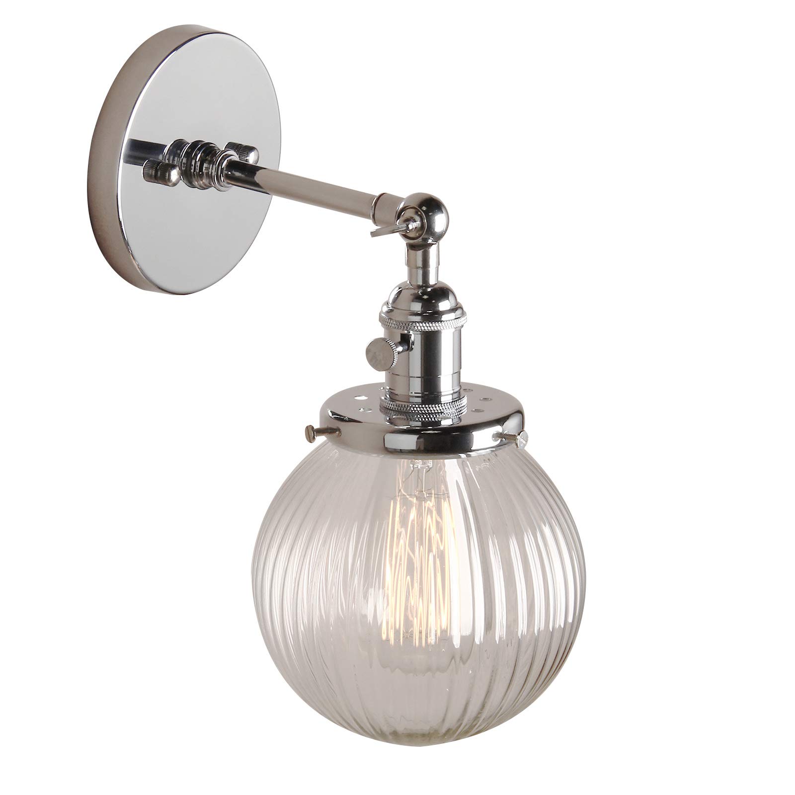 PathsOn 15cm Industrial Modern Vintage Retro Wall Lights, Loft Bar Kitchen Sconce Lights Lamp Fixture with Ribbed Globe Clear Glass Light Shade (Chrome)