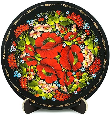 Ukrainian Petrykivka Floral Style Hand Painted Wooden Round Platter with Stand - Perfect Gift, for Beautiful Kitchen