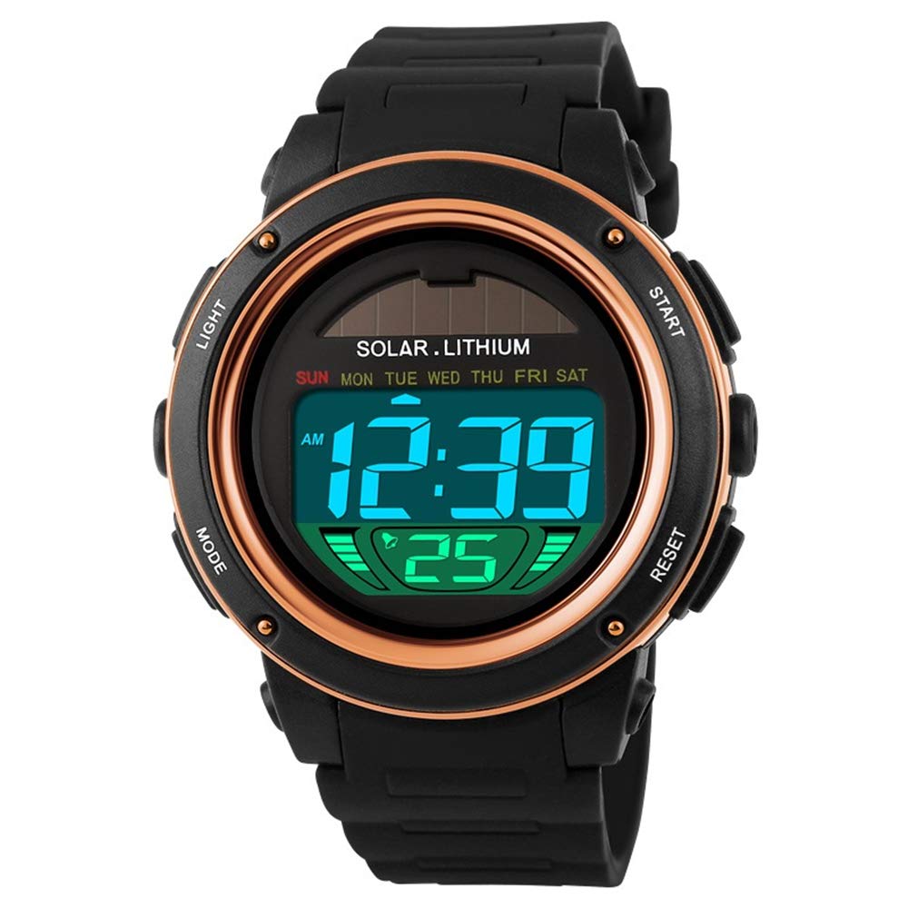 FeiWen Unisex Solar Digital Watches for Men Women Boy Outdoor Sports Military Watch Multifunction 50M Waterproof LCD Backlight Alarm Stopwatch Plastic Case with Rubber Band