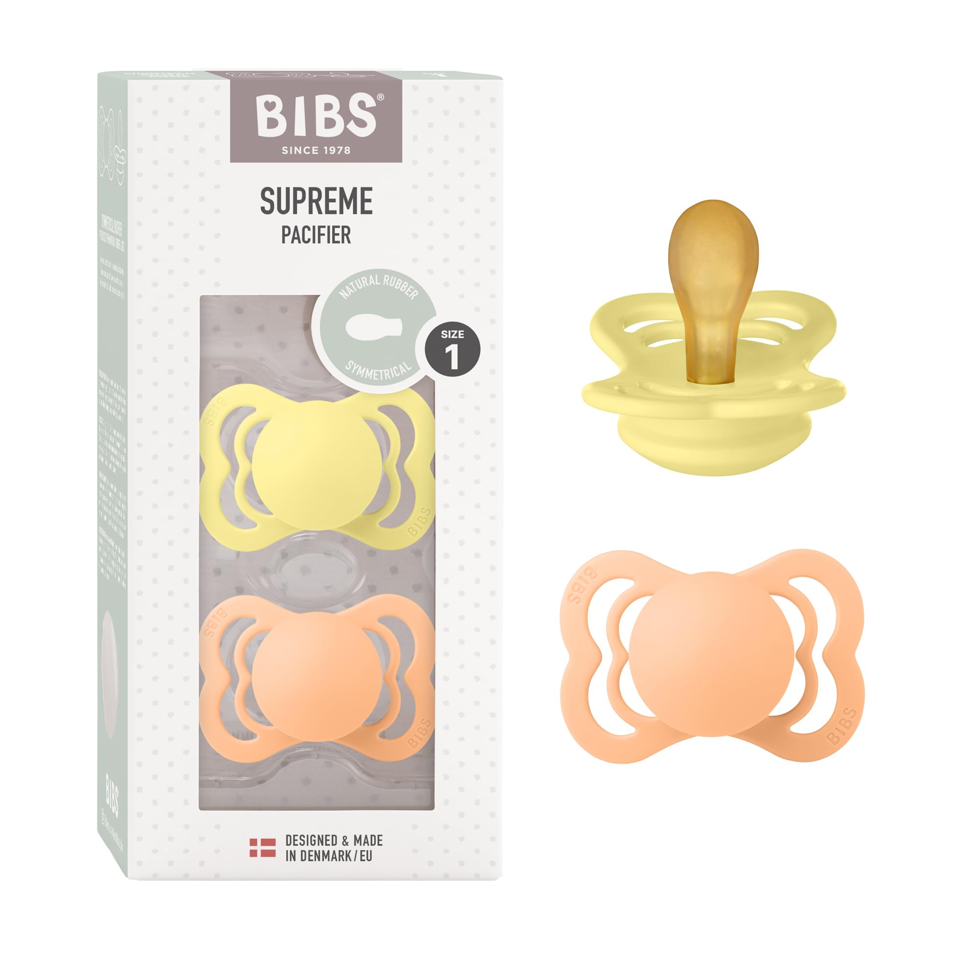 BIBS Supreme Soother 2-Pack, BPA Free Dummy Pacifier, Symmetrical Nipple. Natural Rubber Latex, Size 1 (0-6 Months), Sunshine/Peach Sunset