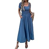 Mieazom Women’s Short Sleeve Maxi Dress Bodycon Long Dress Adjustable Waist Flowy Hem Stretch Casual Dresses with Pockets