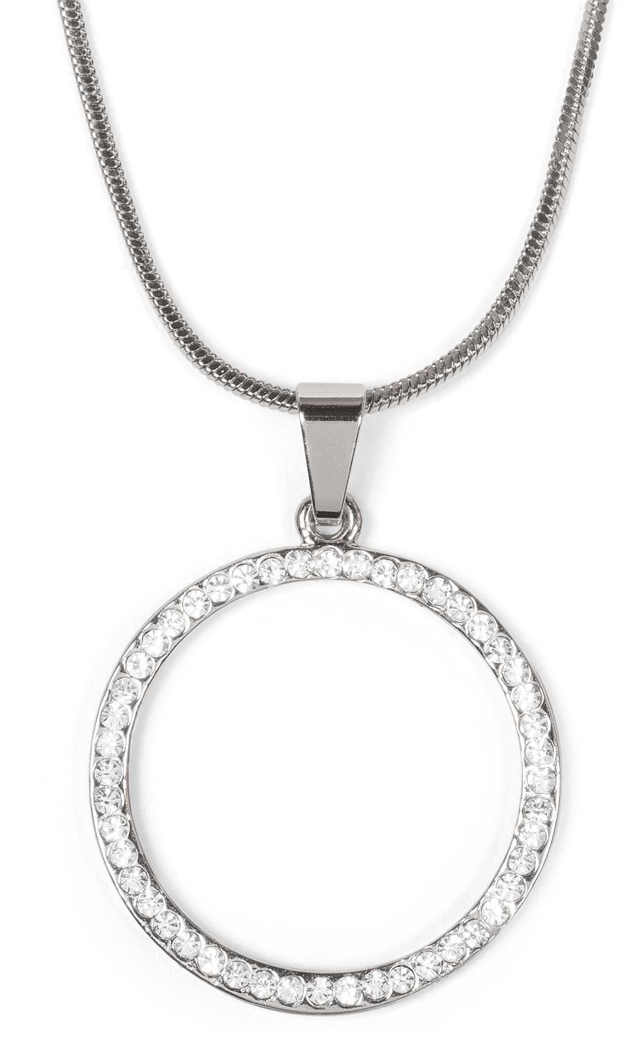styleBREAKER necklace with round rhinestone-studded pendant, snake chain with snap hook closure, jewellery, ladies 05030046, color:Silver Grey
