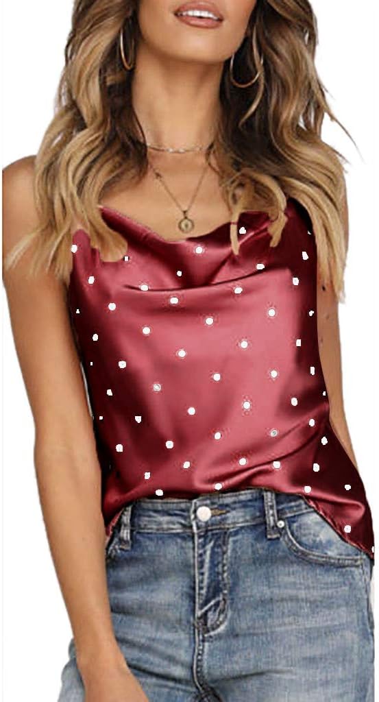 Womens Polka Dot Satin Silk Tank Tops Summer Cami Camisole Vest Sleeveless T-Shirt Blouse