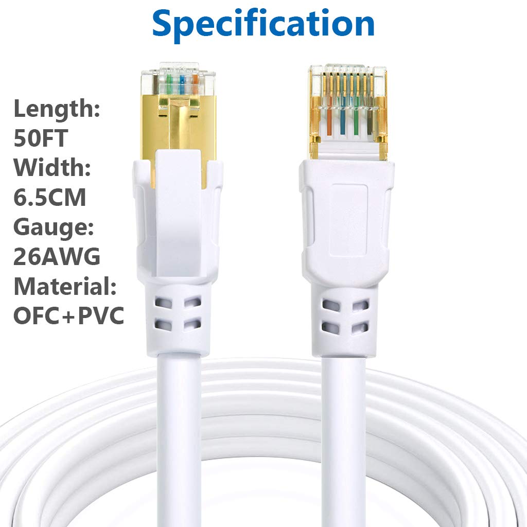Cat 8 Ethernet Cable 50 ft Internet Network LAN Cable High Speed 2000Mhz 40Gbps RJ45 Cables for Gaming, Xbox, PS4, Modem, Router - Compatible for Cat7/Cat6e/Cat5e Network - White: Industrial & Scientific