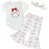 Baby Girl Baseball Outfit Bow Baseball Print Short Sleeve Romper and Flare Pants Set Infant Spring Clothes Headband
