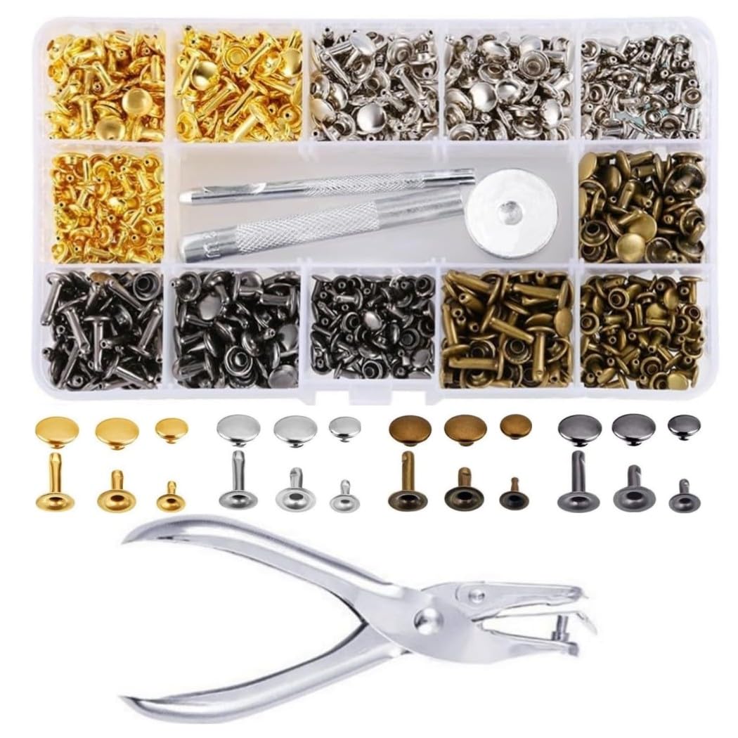 HappyHome スタッズ リベット 180組 4色セット レザークラフト 底鋲 打ち具 パーツ ハンドメイド バッグ ベルト 丸形 6mm 8mm 12mm 穴あけペンチ 収納ケース付き の商品画像