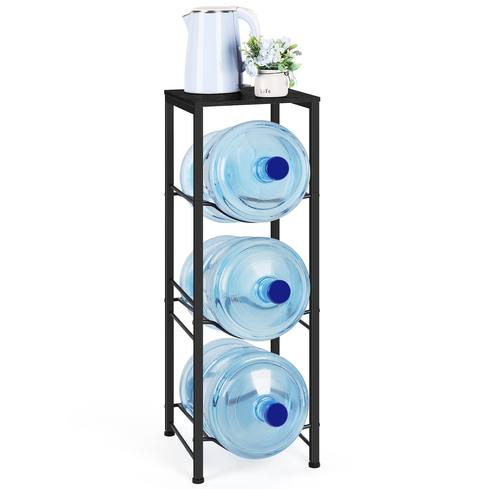 Photo 1 of Water Bottle Holder Organizer 5 Gallon Water Jug Stand with Shelves, 3-Tier Water Bottle Dispenser Stand for Kitchen Living Room Office, Black