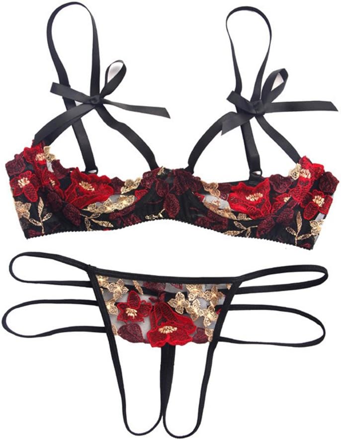 2 Piece Lingerie Set Women Jacquard Lace Bra Set, Babydoll Bra W/Wire Full Open Thong