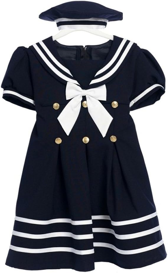 Navy Girl Sailor Dress with White Strip