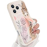 Jefonha Compatible with iPhone 17 Pro Max Case with Finger Hand Wrist Strap for Girls Women, Cute Flowers Floral Phone Case with Wristband Kickstand, Durable Silicone Protective Cover, Beige