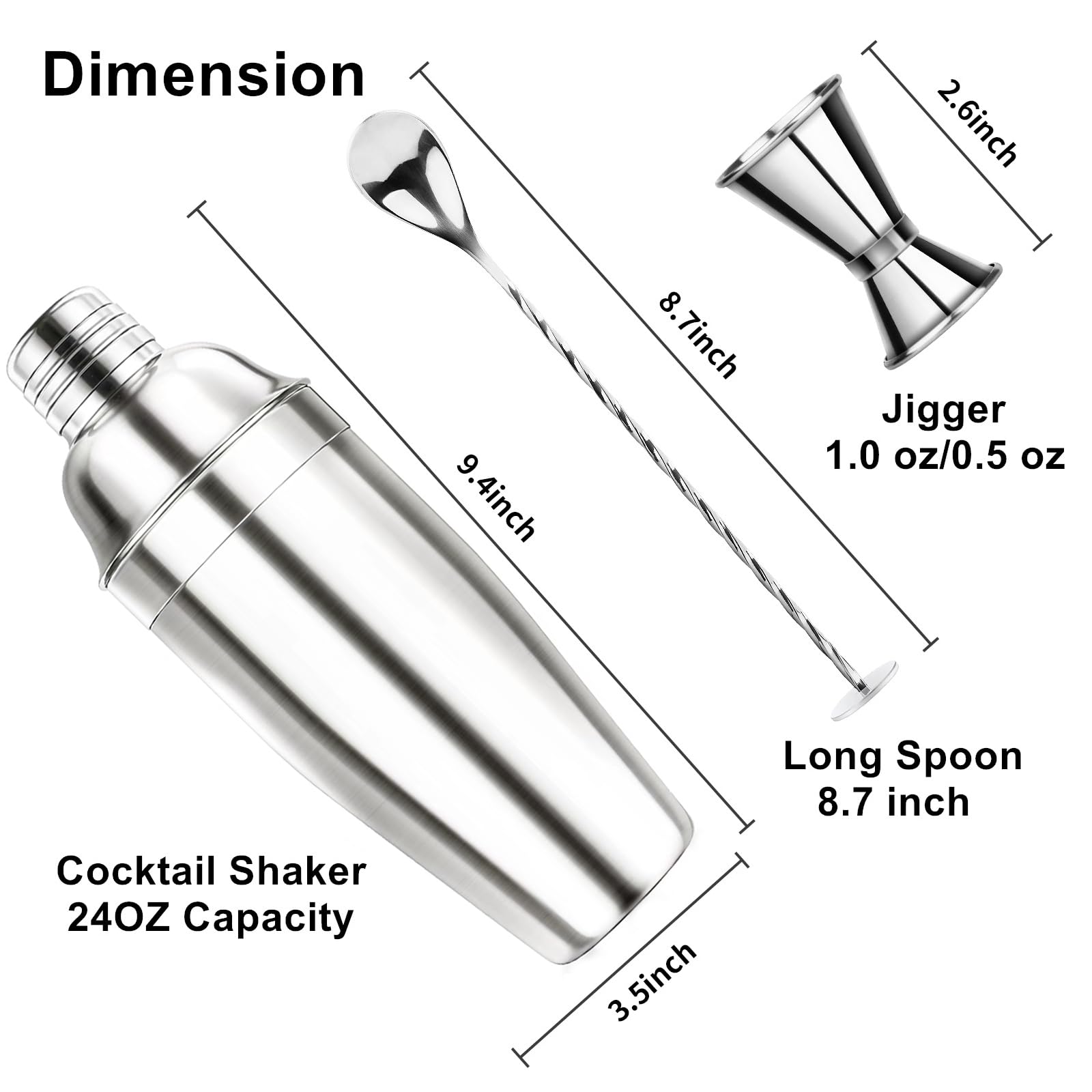 Ohtomber 24OZ Cocktail Shaker Set - Cocktail Bar Martini Drink Shaker Set with Strainer, Stainless Steel Bartender Kit Drink Mixer with Jigger, Mixing Spoon, Bar Accessories for Beginners - Image 2