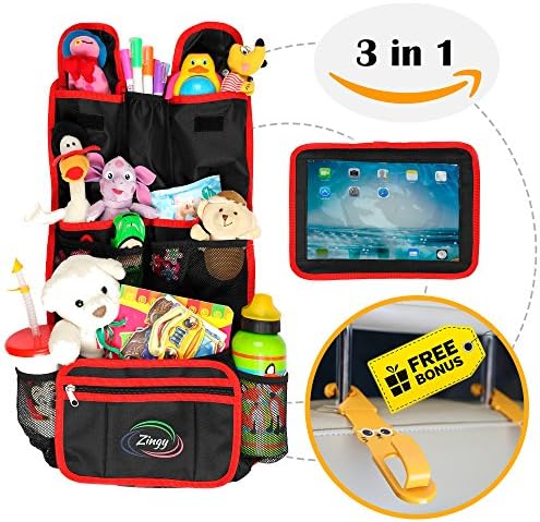 Backseat Organizer for Kids 3 in 1, Car Organizer with Hooks for Hanging Under the Seat Headrest and Tablet Case 9.7", Black and Red or Blue