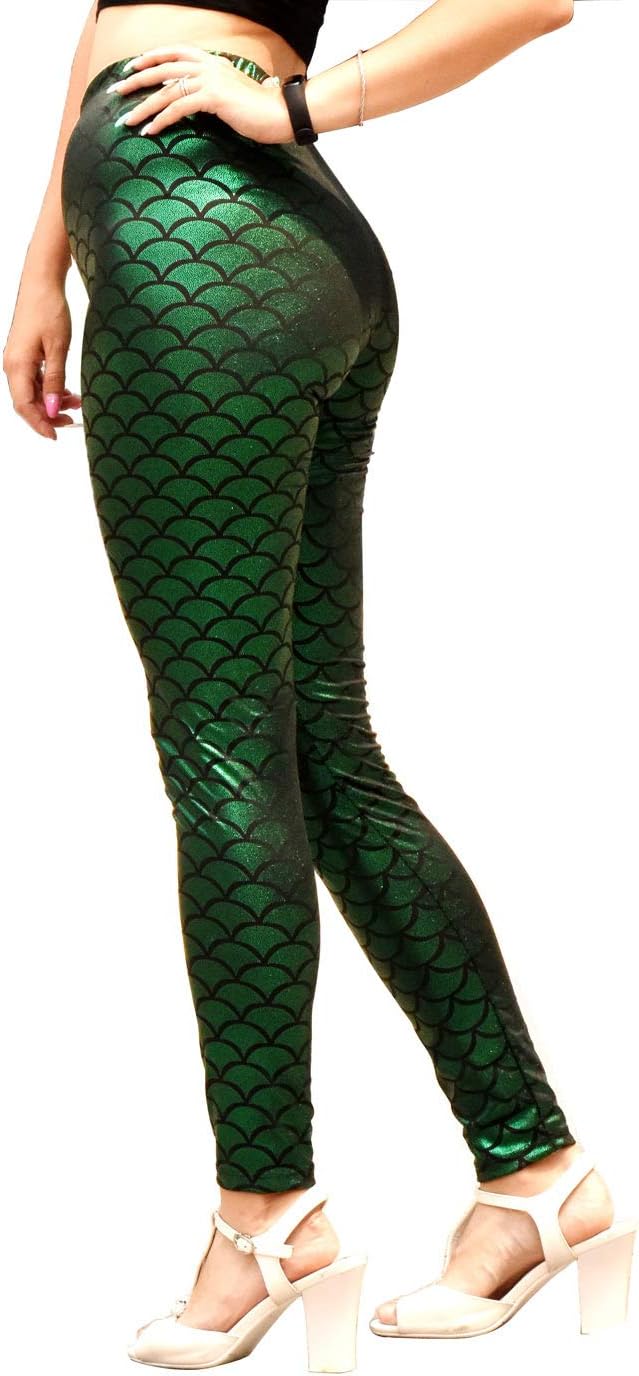 Mvefward Womens High Waist Shiny Fish Scale Printing Mermaid Full Length Leggings