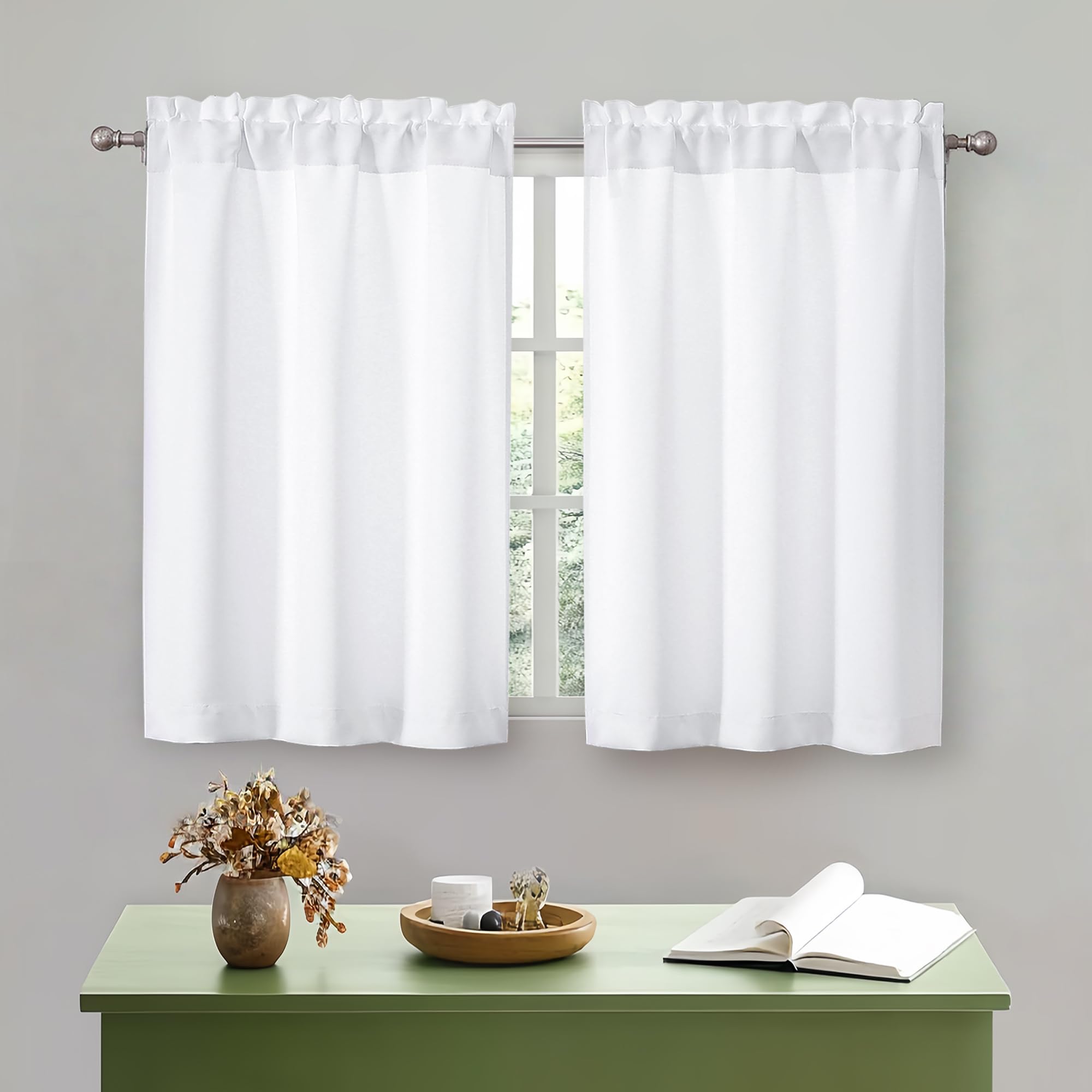 Photo 1 of OWENIE White Kitchen Curtains Tier 36 Inch Length Short for Small Window, Curtains over Sink, Light Filtering Half Window Cafe Curtain for Bathroom Basement Cabinet Camper, 2 PCS Each 30"Wx36"L, White