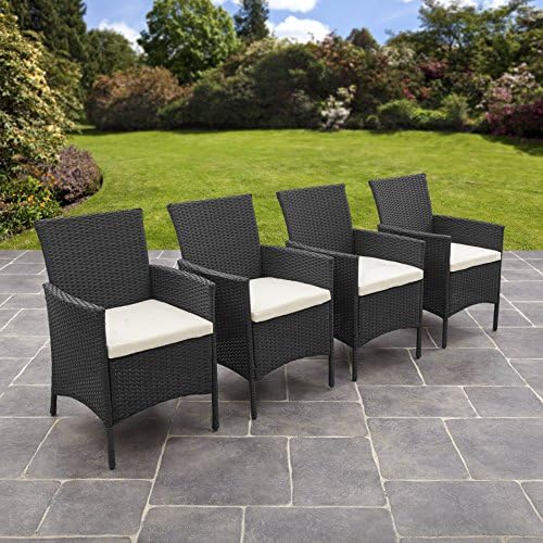 BLACK Set of 4 Rattan Chairs with Cushions Outdoor Garden Patio Furniture (Black)