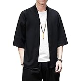 Ambcol Men's Japanese Kimono Cardigan Loose Cotton Linen 3/4 Sleeve Open Front Casual Summer Shirt Jackets