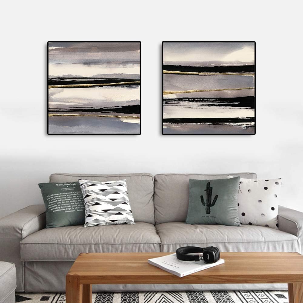 ARRMT 2pcs Framed Canvas Wall Art Prints Abstract Painting Golden Grey White Black Nortic Modern Home Decoration Living Room Bedroom Kitchen Bathroom Office Wall Artwork Decor Poster 12x12inch