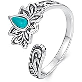 Shysnow Spoon Rings for Women 925 Sterling Silver Vintage Antique Lotus/Sunflower Spoon Adjustable Thumb Ring with Turquoise Flower Jewelry Present for Christmas Mother's Day Birthday