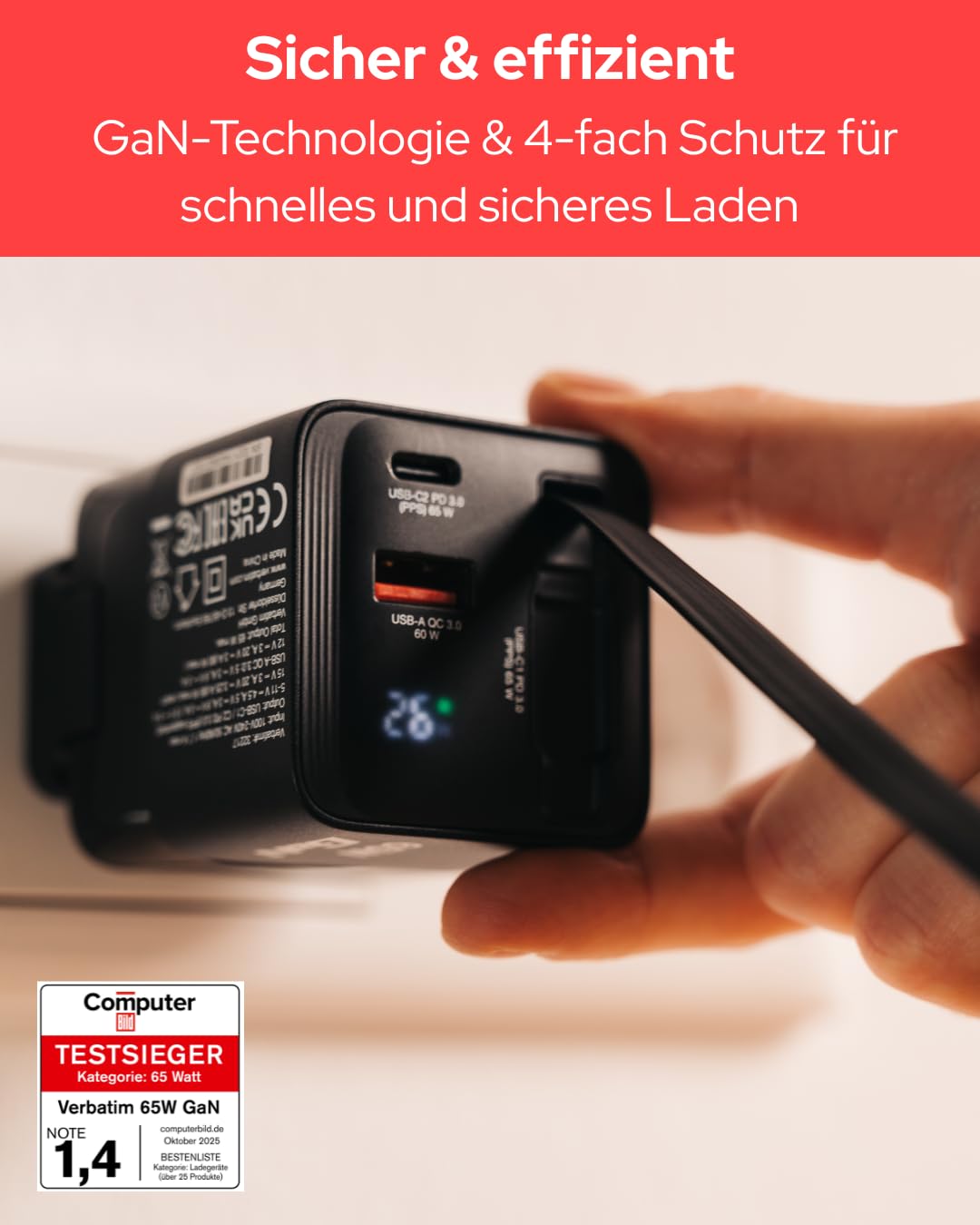 Verbatim GaN Charger 65 W 2-Port USB-C Ladegerät mit ausziehbarem USB-C Kabel, USB-C und USB-A Power Adapter, Schnellladegerät für Apple iPad, iPhone, Samsung & Co, Travel Adapter für EU, UK, USA 7