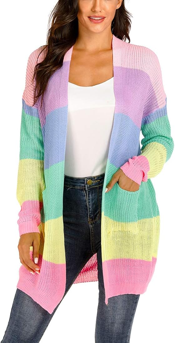 Cardigan Sweaters for Women Long Sleeve Rainbow Color Block Open