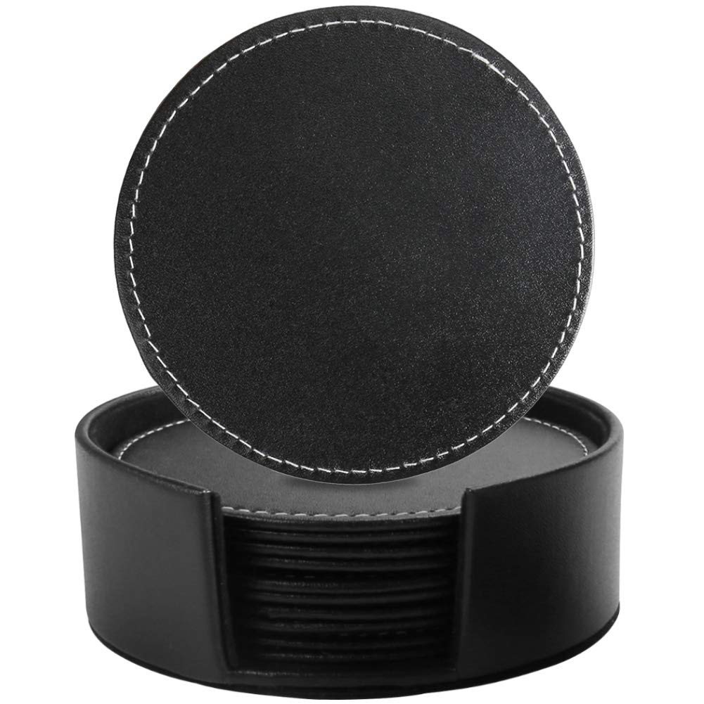 Leather Coasters for Drinks with Holder Set of 6,Coffee Mats Protect Furniture from Hot or Cold Water Marks & Damage, PU Leather Drink Coasters Suitable for Kinds of Mugs and Cups (Round Black)