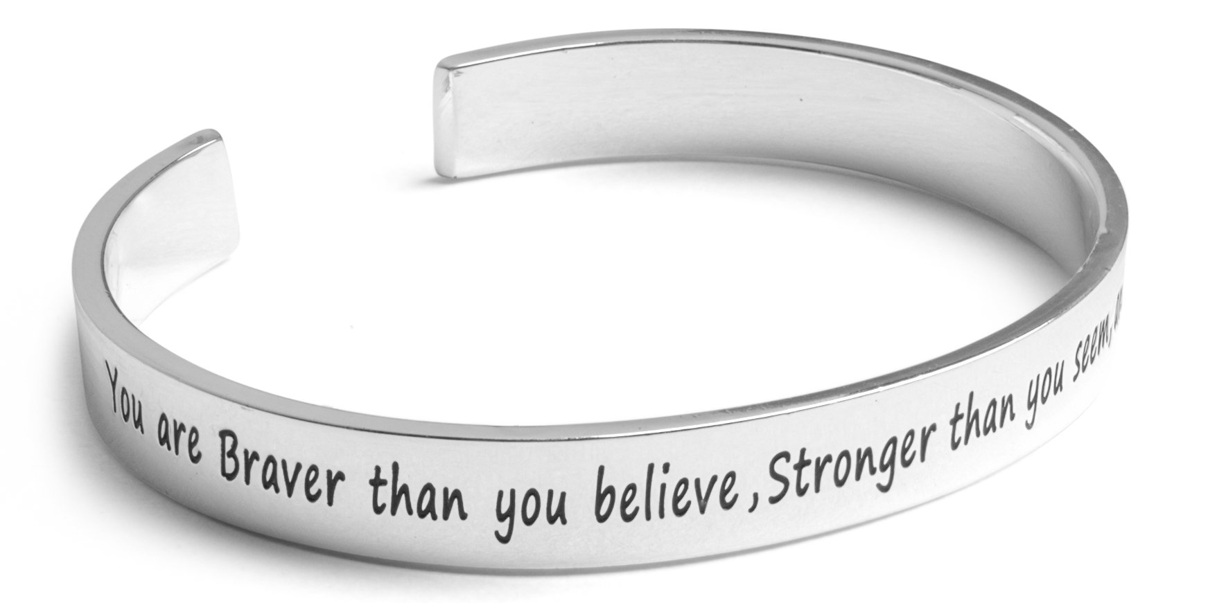 Inspirational Silver Cuff Bracelet Stamped “You Are Braver & Stronger