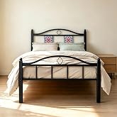 Twin Size Bed Frame with Headboard Footboard, Victorian Metal Platform Beds | Slatted Mattress Foundation 12.6" Under Bed Storage for Bedroom No Box Spring Needed Vintage Mosaic Tile Ceramic Accent
