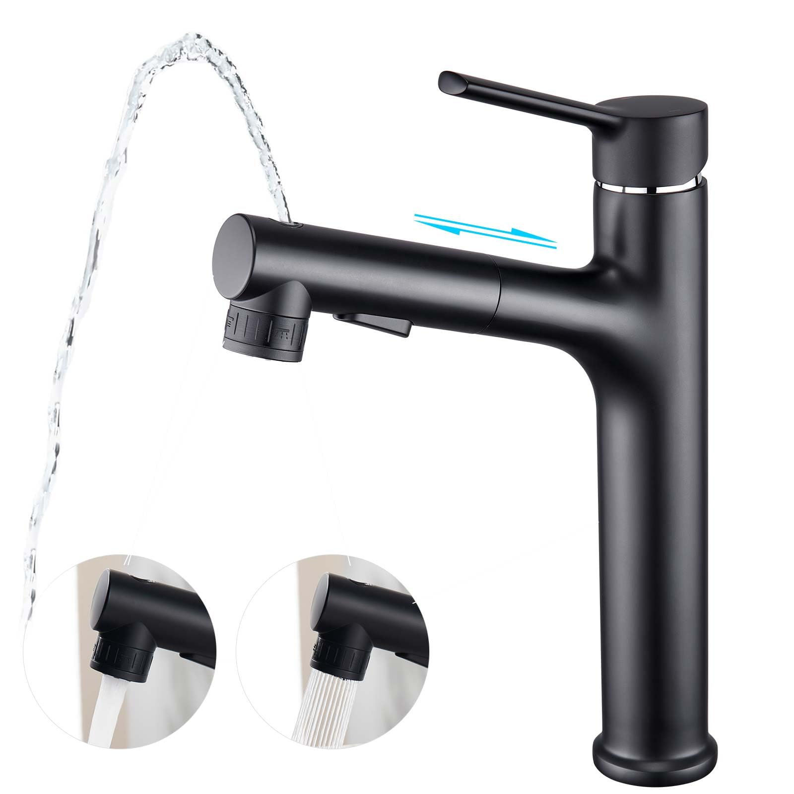 CREA High Wash Basin Mixer Tap for Countertop Washbasin Bathroom with 3 Function Pull-Out Shower Head Bathroom Mixer Tap in Brass Black Finish Chrome, UK Standard