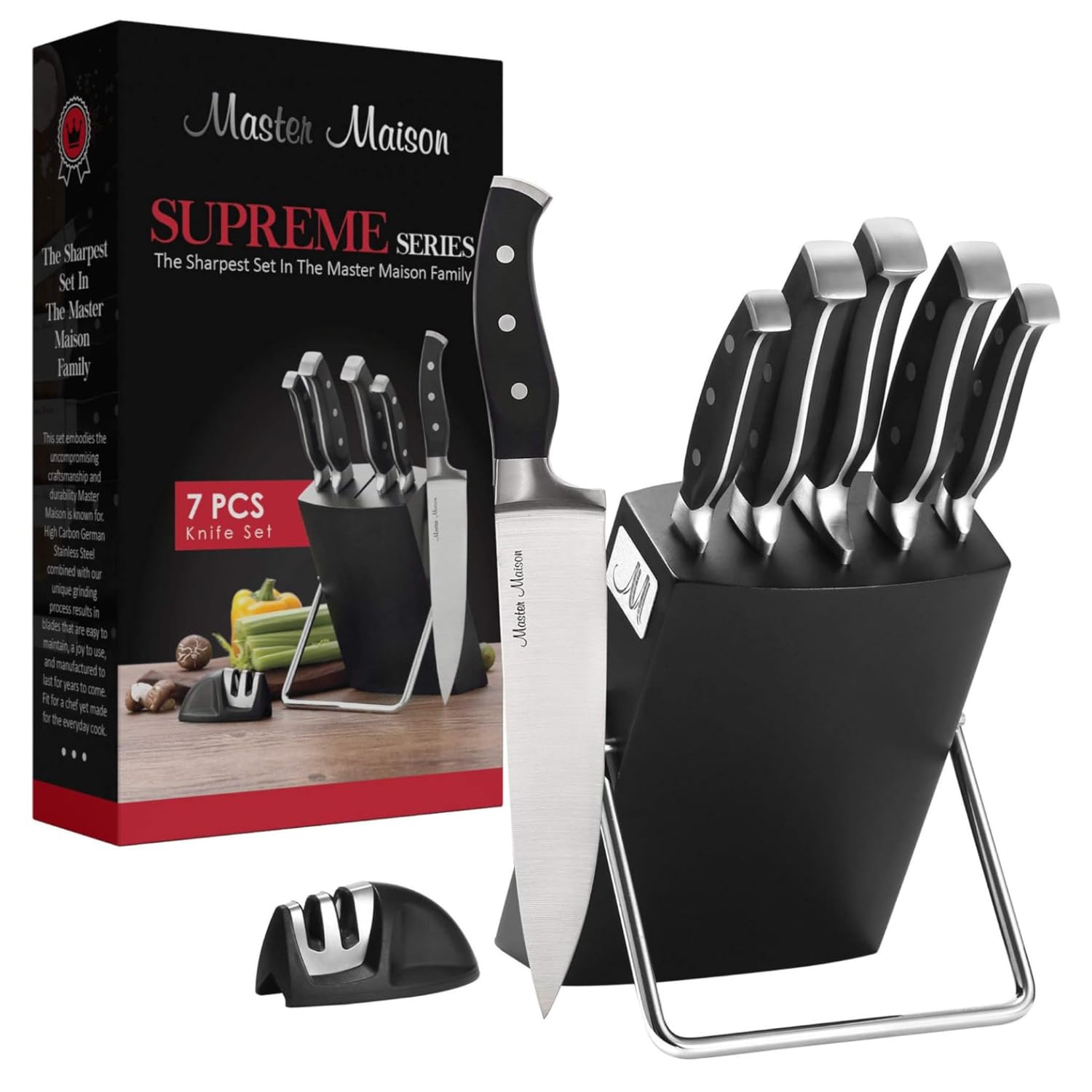 Photo 1 of (missing 1) Master Maison 7-Piece Knife Block Set - German Stainless Steel Kitchen Knife Set with 8 Inch Chef's Knife, Knife Sharpener, and Black Wooden Block - Professional Cooking Knives