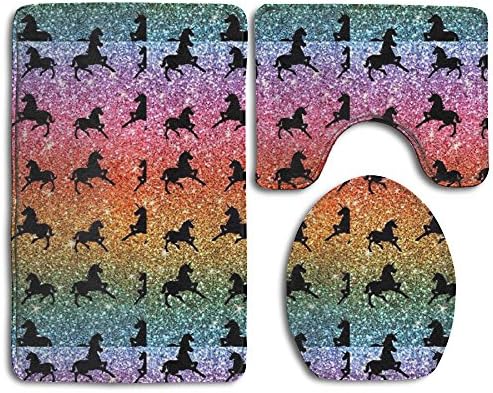 Rainbow Glitter Unicorns 3-Piece Soft Bath Rug Set Includes Bathroom Mat Contour Rug Lid Toilet Cover Home Decorative Doormat