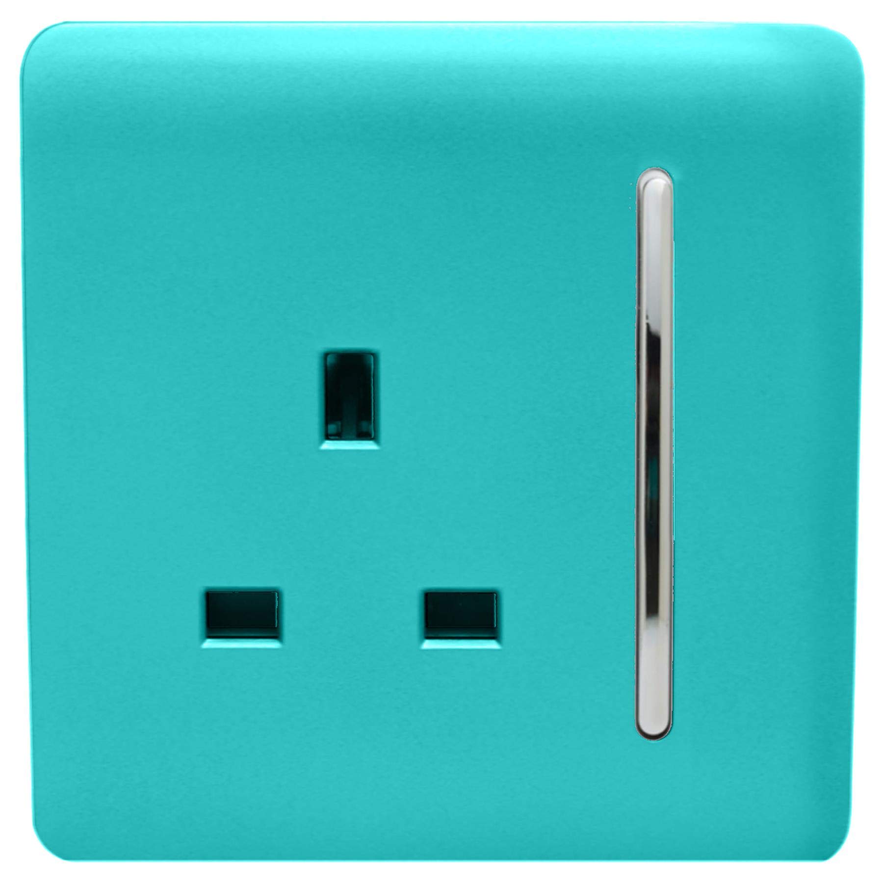 Trendi 1 Gang Raised Artistic Modern Glossy Screwless 13 Amp Single Pole with Chrome Switched UK Standard Electrical Double Wall Plug Socket in Bright Teal - ART-SKT13BT