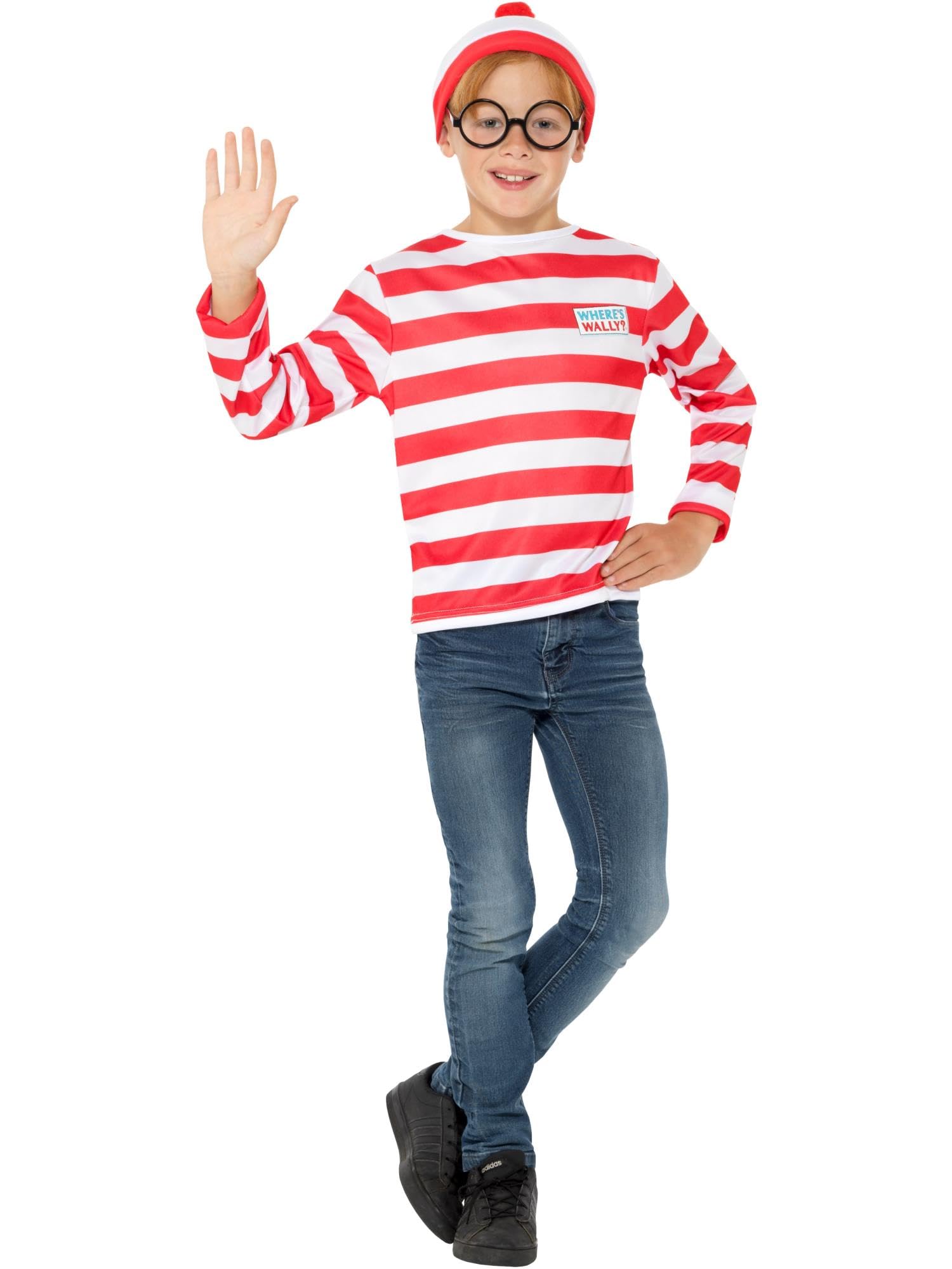 Smiffys Where's Wally Instant Kit, Childrens Red & White Top, Hat & Glasses, Official License Kit with Iconic Logo, Perfect for Themed Parties or World Book Day or Halloween