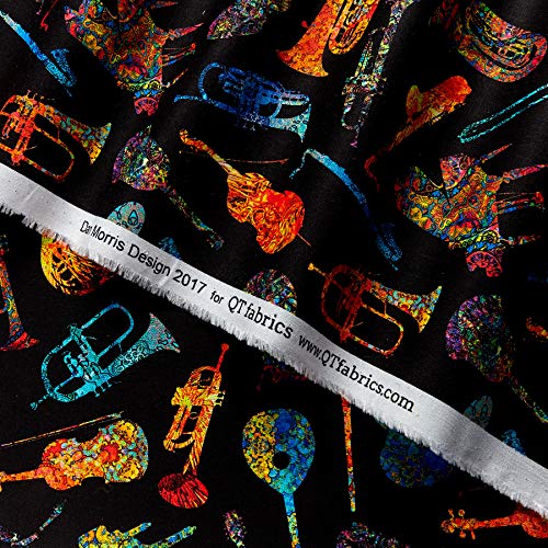 QT Fabrics Fine Tuning Batik Instruments Fabric, Black, Fabric By The Yard