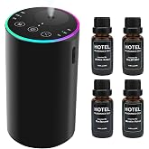Waterless Diffuser with 4 x 20mL Hotel Fragrance Oil,Aluminum Alloy (Black) | 7-color ambient light, battery powered Nebulizer, portable, suitable for cars, homes, offices, and rooms.