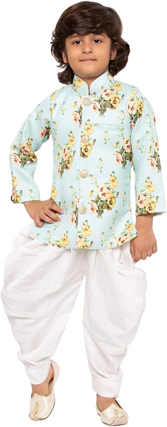 JBN Creation Boys' Maroon Cotton Silk Digital Pint Indo Western Kurta and Dhoti Pant Set