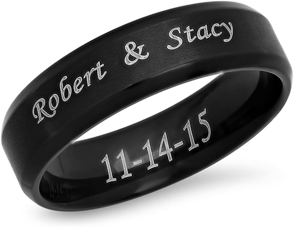 Forevergifts 7mm Stainless Steel Beveled Edge Brushed Center Ring - Free Engraving