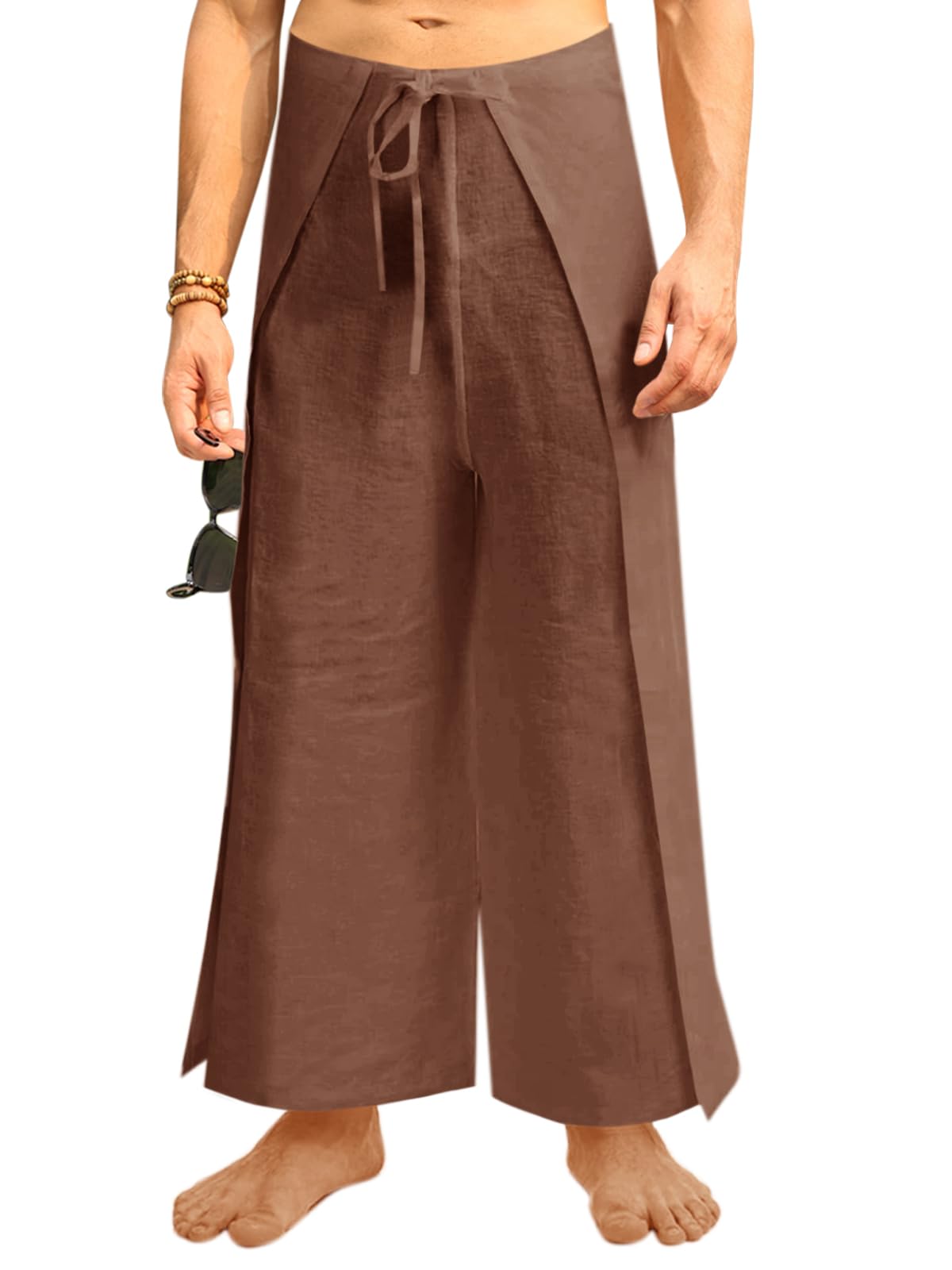 Photo 1 of LARGE- Runcati Mens Linen Wrap Pants Thai Fisherman Yoga Beach Hippie Lightweight Loose Fit Pants Brown