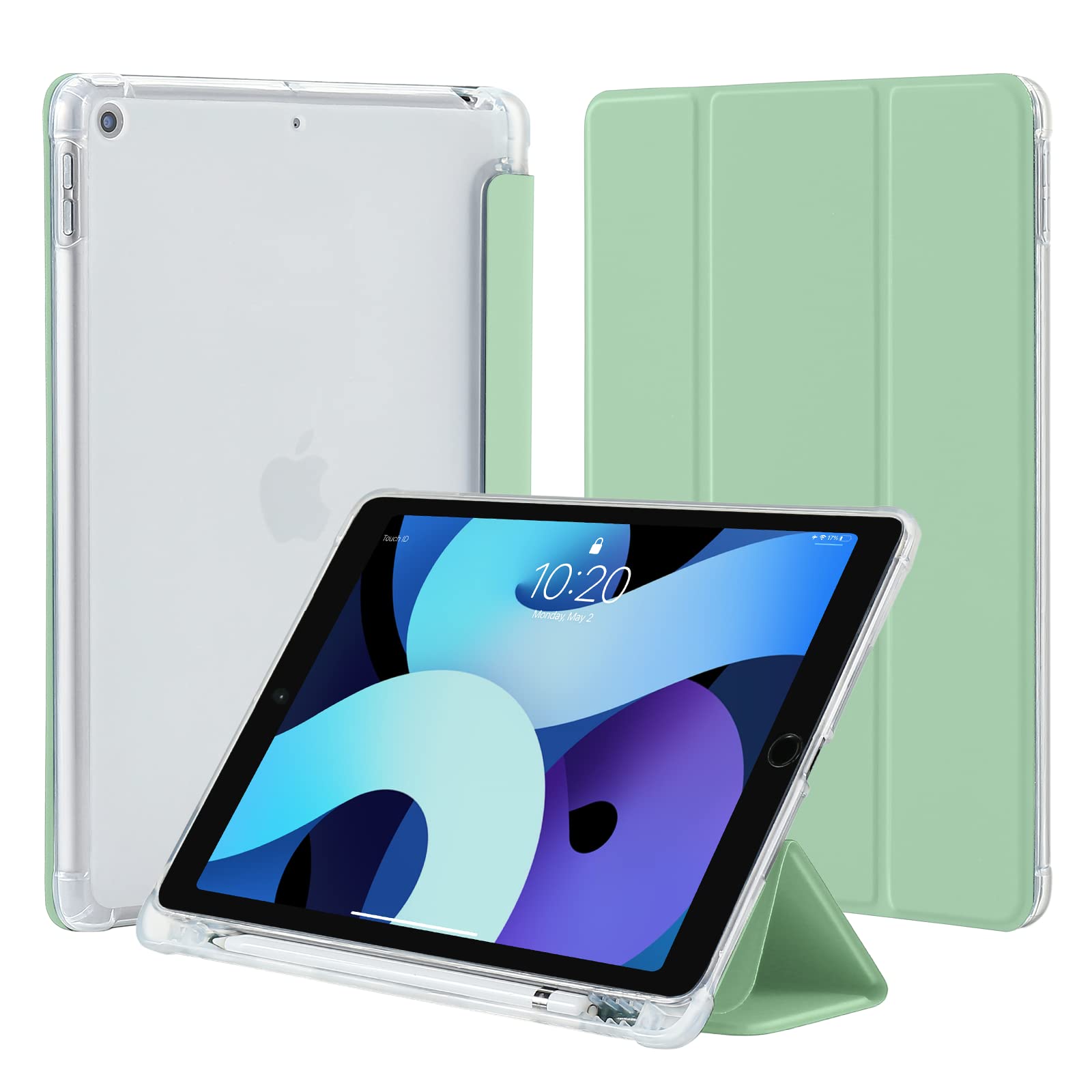 4UBonLife Case for iPad 10.2 inch 9th 8th 7th Generation Case 2021/2020/2019 with Pencil Holder, Slim Stand Smart Case Soft TPU Translucent Frosted Back Cover Shell for Apple iPad 9/8/7, Mint Green