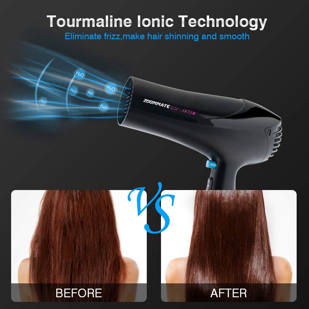 Professional Hair Dryer ZOOMMATE 1875W DC Motor Negative Ions Blow Dryer, with Concentrator & Diffuser,2 Speed & 3 Heat Setting, Safety Protection, ETL Certified