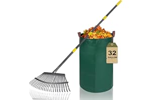 NOEIXRAH 25 Metal Tines Rake for Leaves, 36-73" Adjustable Handle Garden Rakes,18" Wide Heavy Duty Rake with 32Gallon Reuseable Leaf Bag, A Great Cleanup Set for Lawn, Garden, Yards, Shrub,Grass, RV Camping