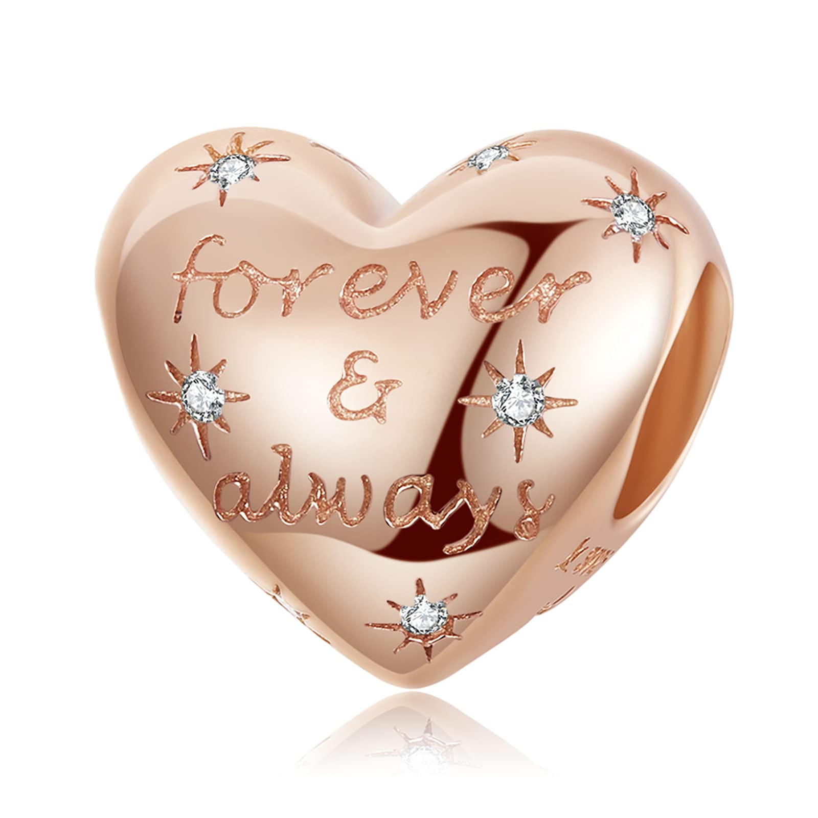 LaMenars Heart Charms Forever & Always Real 925 Sterling Silver Rose Gold Bead Charm Fits European Bracelets & Necklaces (Forever & Always) โ image 1