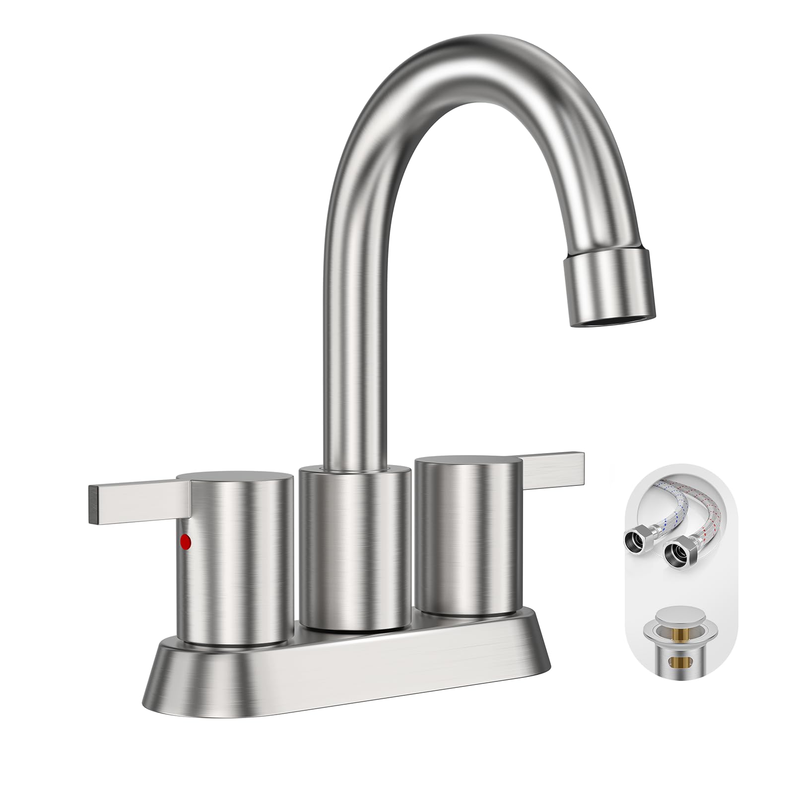 Photo 1 of ***SIMILAR ITEM***
Phiestina Brushed Nickel 4 Inch 2 Handle Centerset Lead-Free Bathroom Sink Faucet, with Copper Pop Up Drain and Water Supply Lines,BF015-1-BN