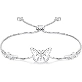 NINAMAID Butterfly Bracelets for Women Silver Bracelet Bolo Chain with Sparkling Cubic Zirconia Adjustable Womens Jewelry