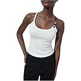 RoseSeek Women's Y2K Adjustable Strap Ribbed Tank Tops Metal Buckle Sleeveless Scoop Neck Going Out Shirts