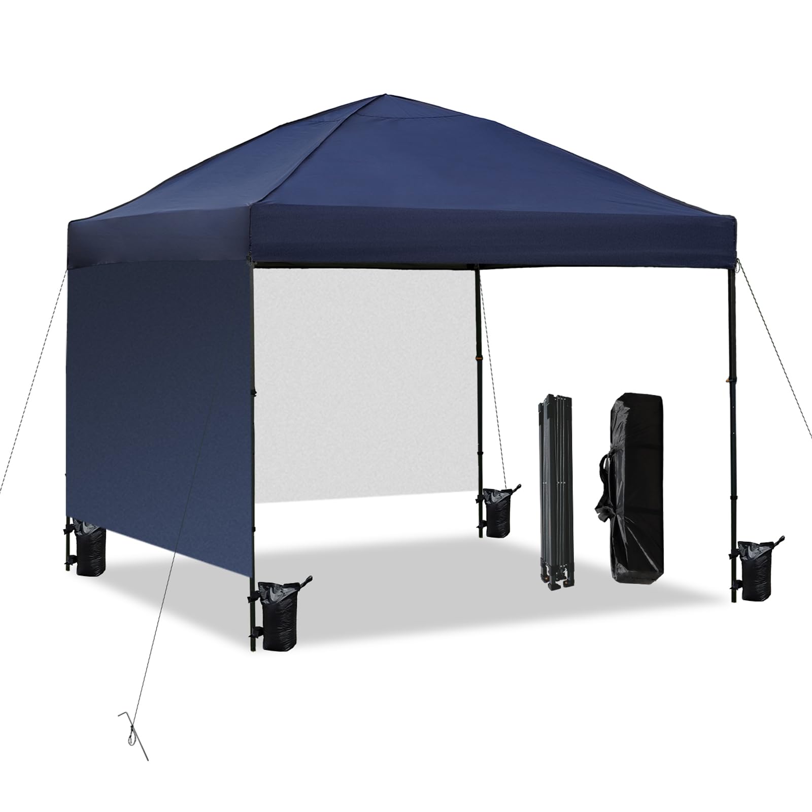 Photo 1 of 10x10 Pop Up Canopy Tent with 2 Sidewalls, Easy Up Canopy Outdoor Party Sun Shade Tent Portable Gazebo for Beach Camping Events with Carry Bag and 4 Sand Bags (Navy Blue)