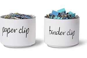 ONTUBE Ceramic Paper Clip Holder and Binder Clip Holder Set Dispenser Organizer for Desk (White)