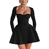 YMDUCH Women's Sexy Long Sleeve Sweetheart Neck A-line Ruffle Hem Party Club Mini Dress