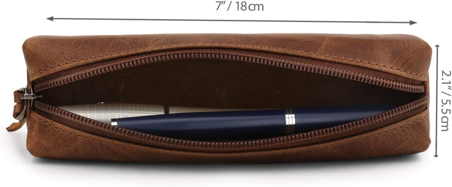 LONDO Genuine Leather Zipper Pen, Pencil & Cosmetic Case - Pouch Stationery Bag, Brown - Image 3